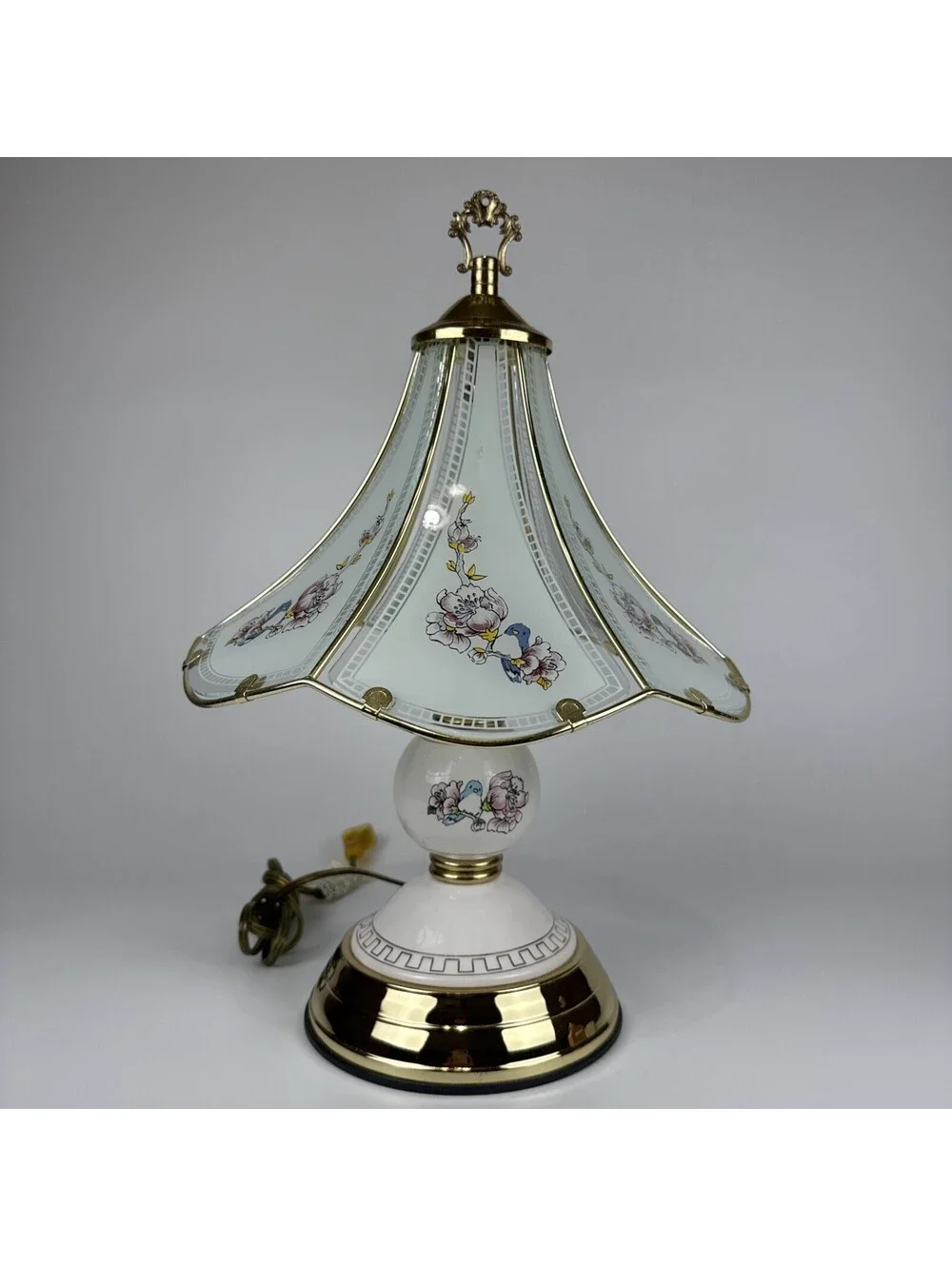 Vintage 3 Way Touch Lamp 6 Panel Glass Blue Bird Floral Brass Table Light 16x10